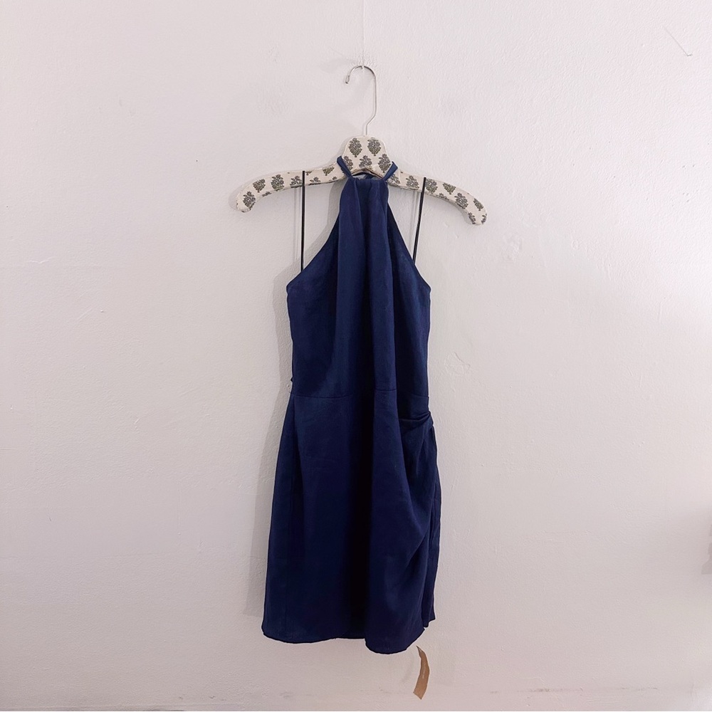 Reformation The Dory Dress Linen Faux Wrap Navy Blue Mini Halter NWT - Picture 2 of 10